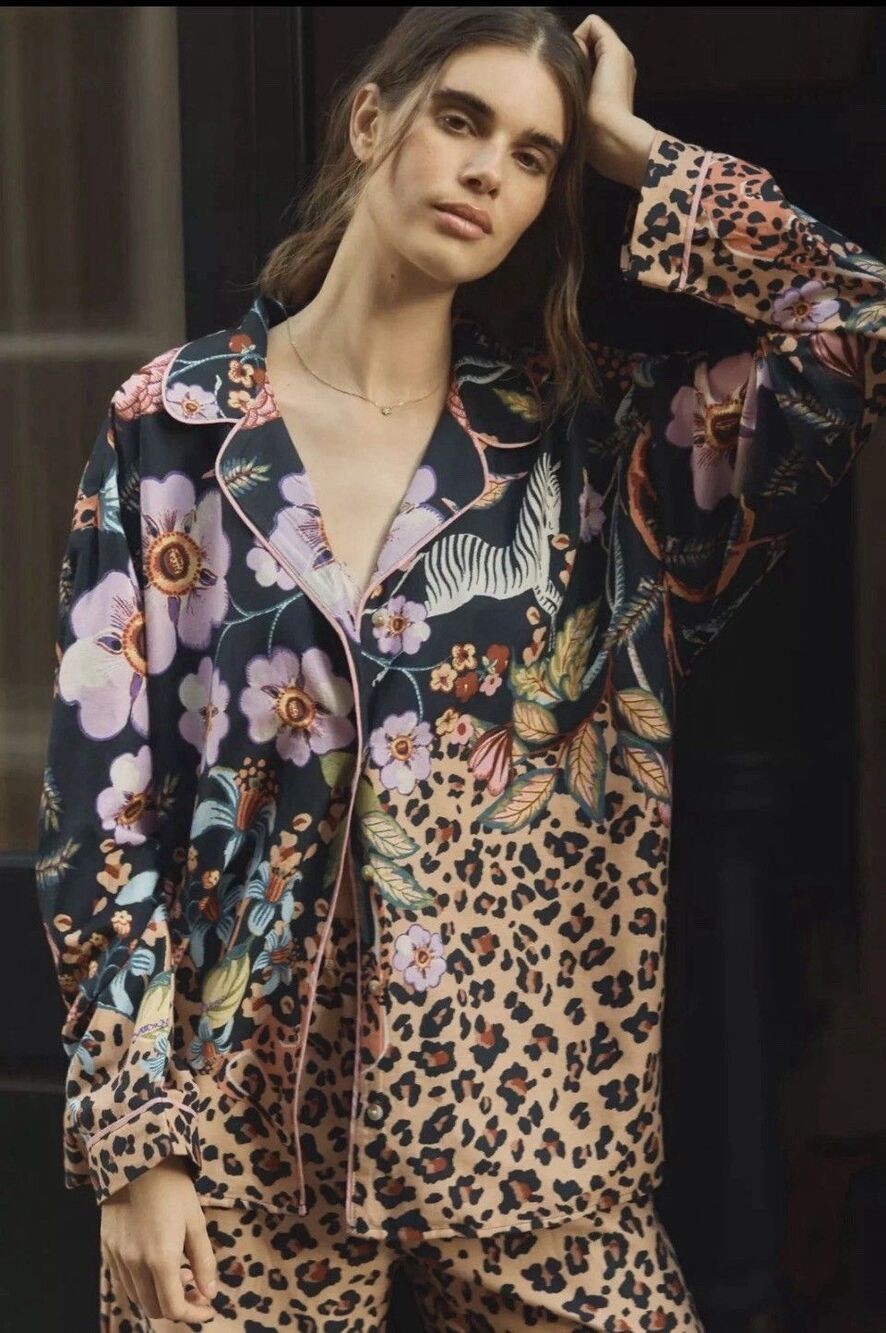LyreBird Cloud Flannel Pajama Top Sleep Shirt Zebra Leopard XXS Anthropologie